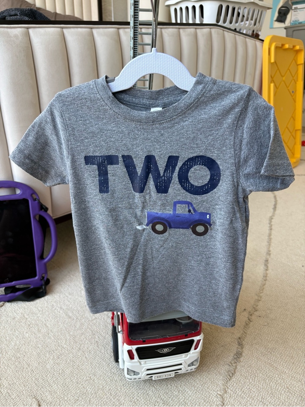 Grey 'TWO' Kids Tee with Blue Truck Graphic